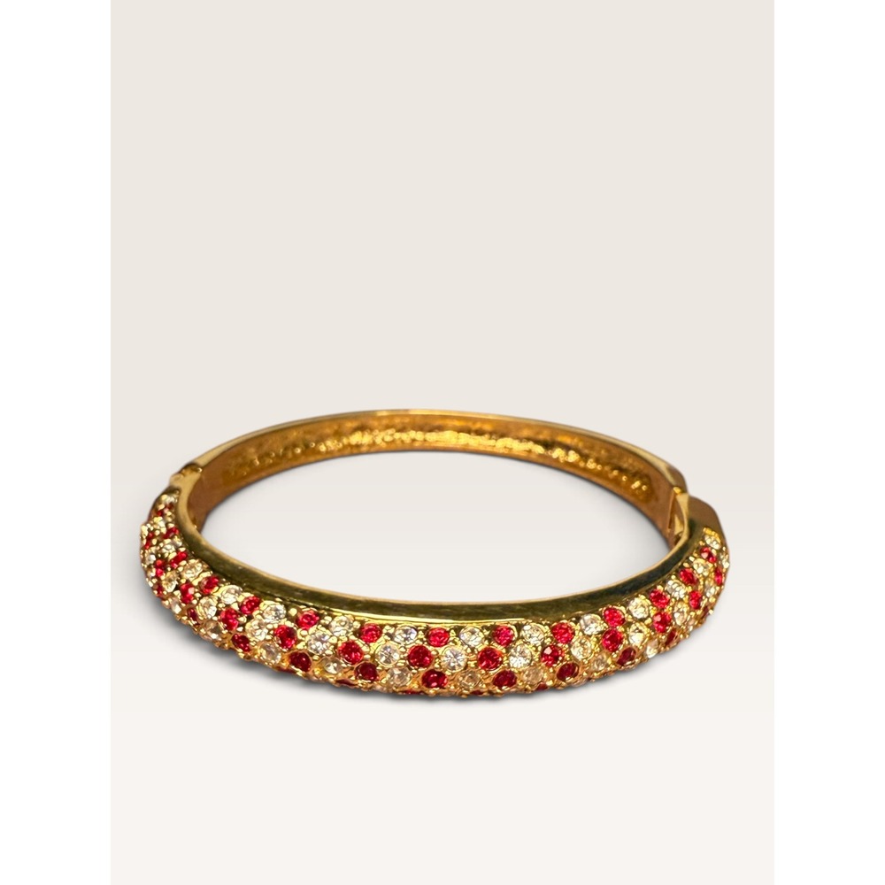 Vintage Gold Tone Bangle Bracelet Embellished Pavé Red & Clear Crystals